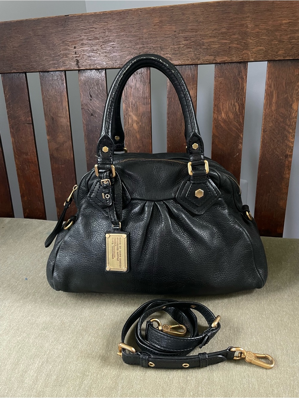 Marc by Marc Jacobs Black Leather Satchel Handbag with Gold Hardware